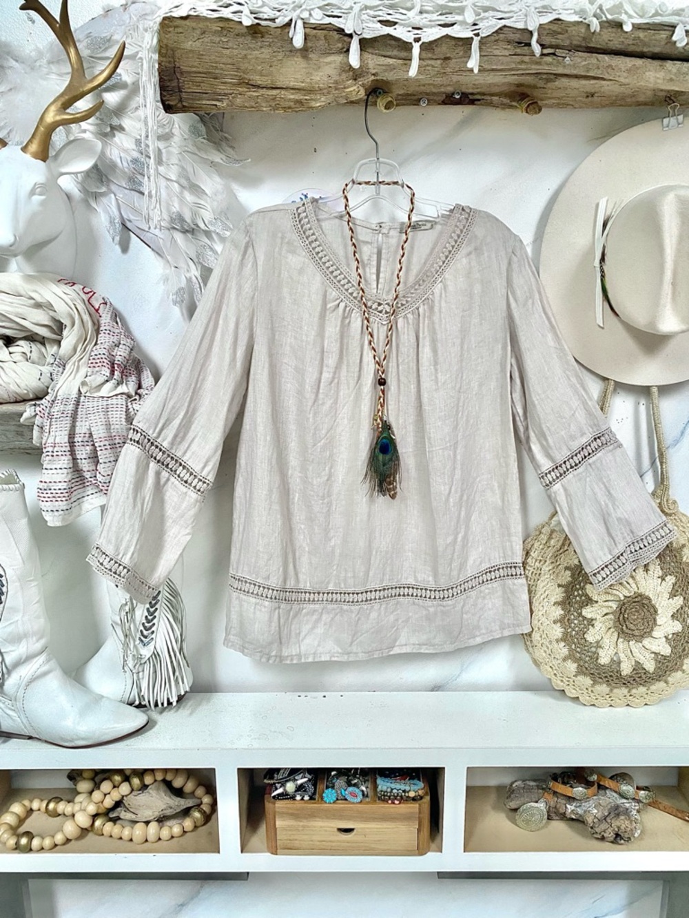 Made in ITALY LINEN boho blouse w crochet detailing resort vacay costal vibe